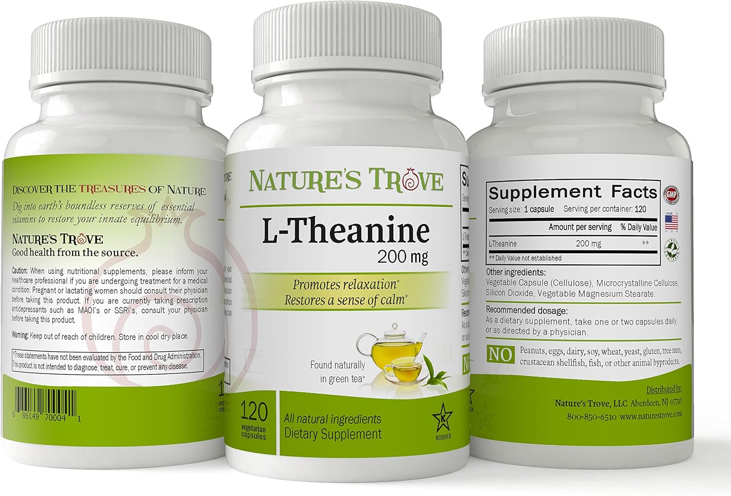L-Theanine 200mg by Nature's Trove - 120 Vegetarian Capsules